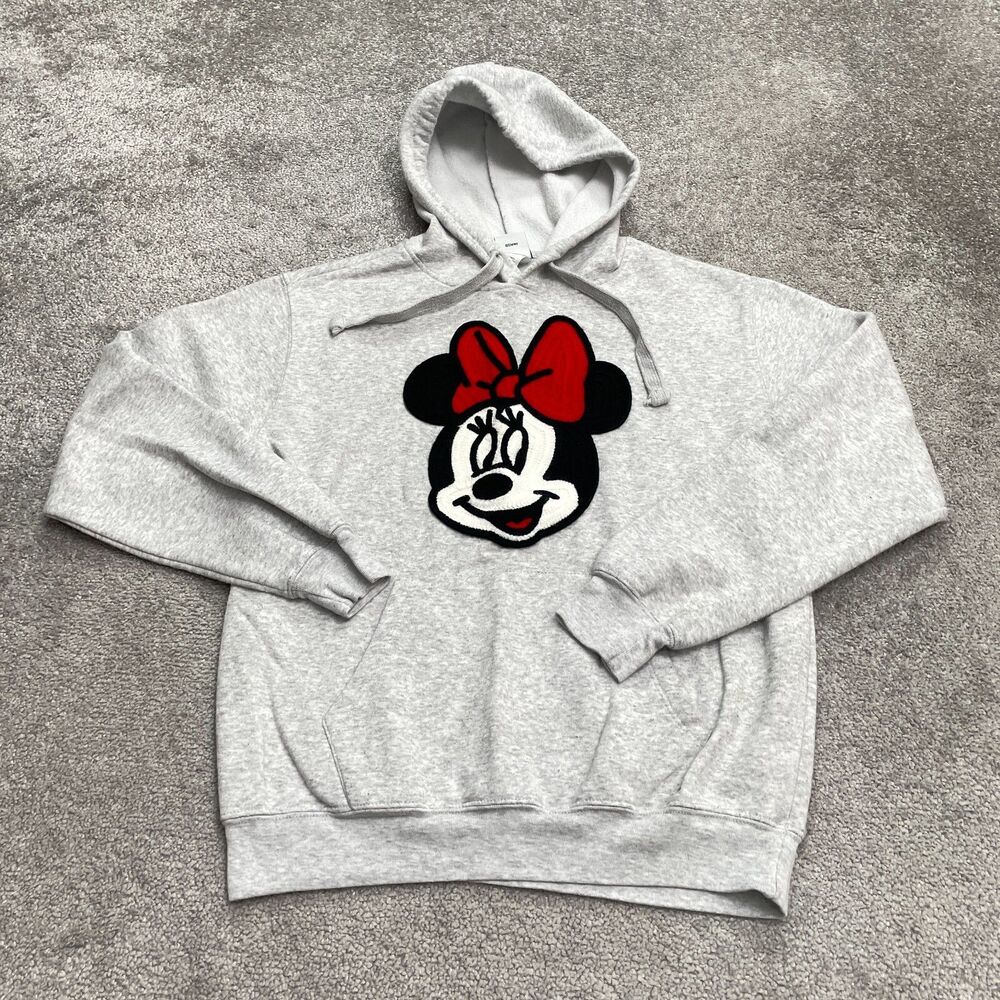 Disney Minnie Mouse Womens Embroidered Hoodie Sweatshirt Small Gray Pullover